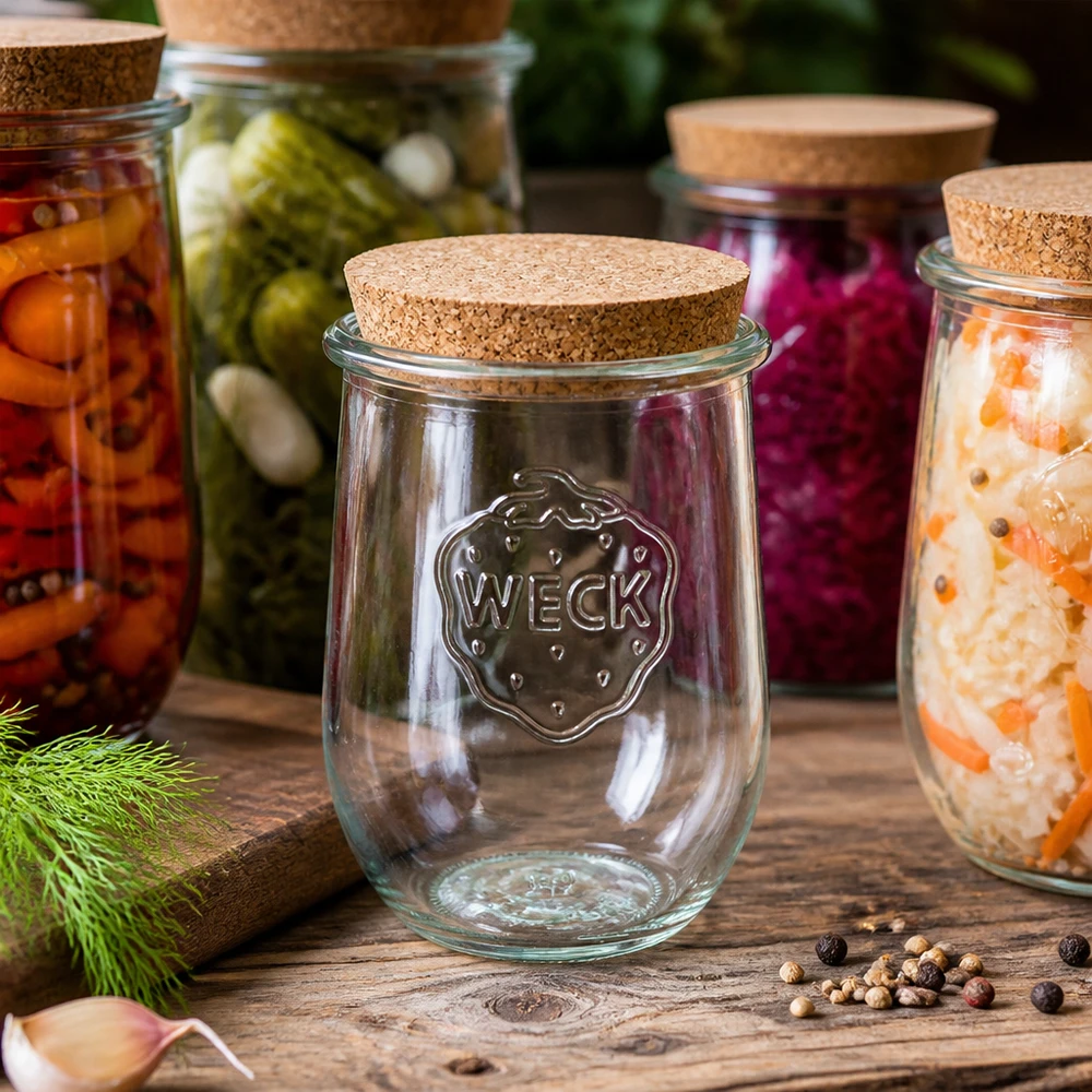 1062ml tulpanburk WECK RR100 med naturkork WECK RR100 tulpanburk 1062ml med kork mellan färgglada fermenteringsburkar med inlagda grönsaker på ett träbord