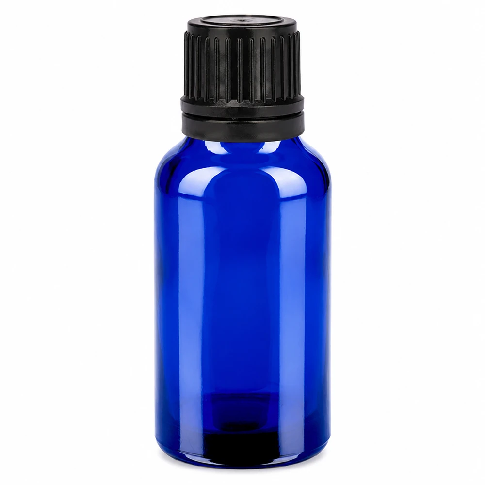 20 ml flaska 11mm skruvkork svart med manipulationsskydd BlueLine UT18/20 Blå glasflaska 20 ml med svart skruvlock för eteriska oljor och aromaterapi