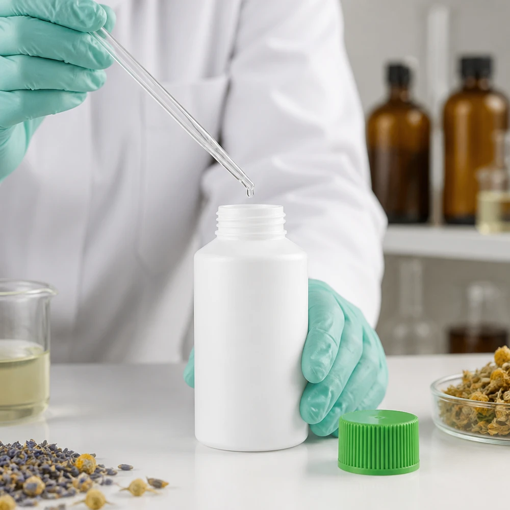 Vit HDPE-apotekflaska, 50 ml, med grönt skruvlock, i laboratoriet
