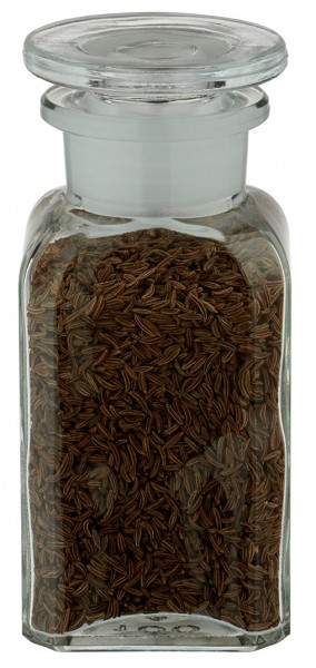 Idé för en kryddburk i glas: Fyrkantig apotekarflaska 100 ml med vid hals, klart glas, inkl. glaslock