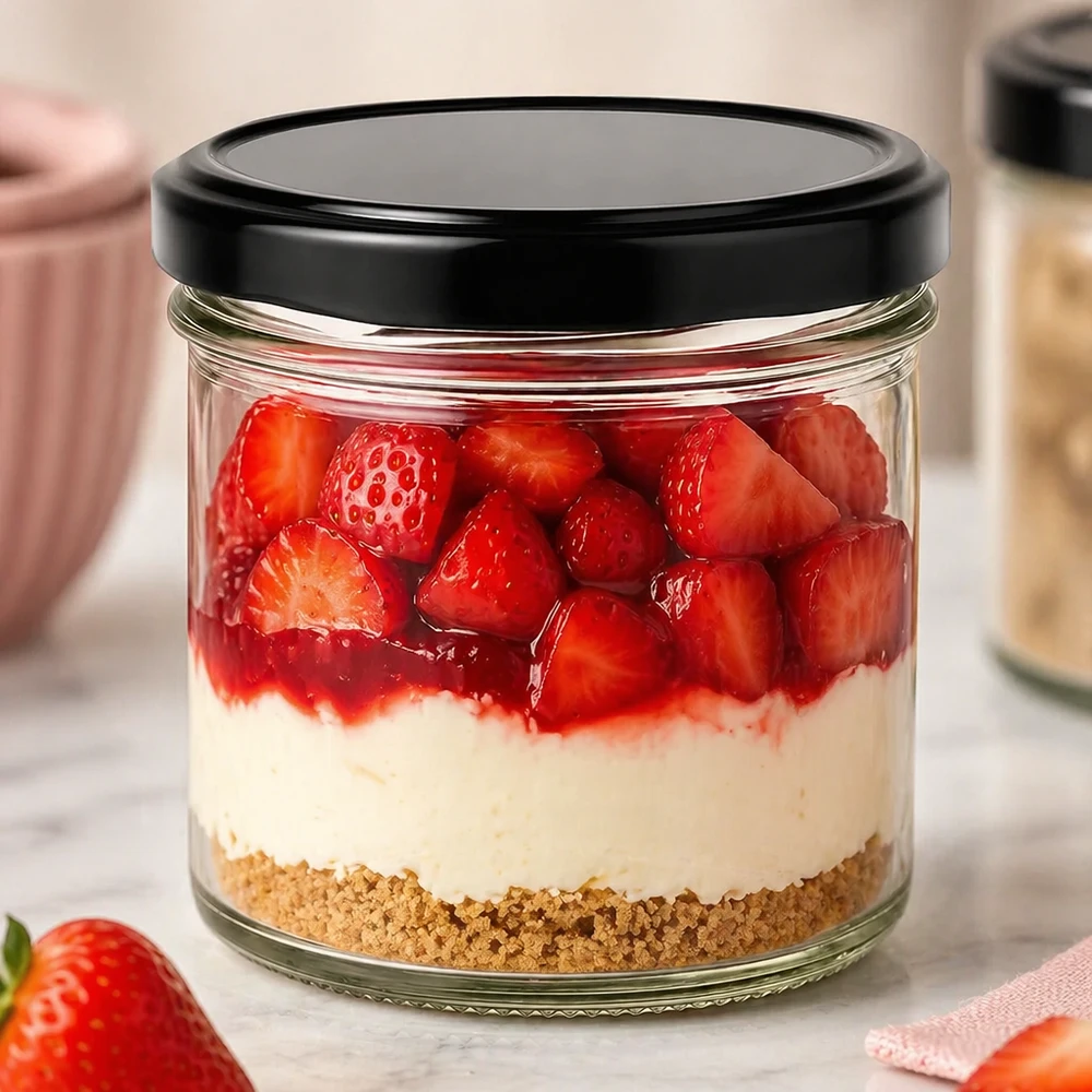 Mugg 125 ml med lock BasicSeal svart UNiTWIST 125 ml-glas med svart BasicSeal-lock som dessertburk med jordgubbar, grädde och cheesecake med kexbotten