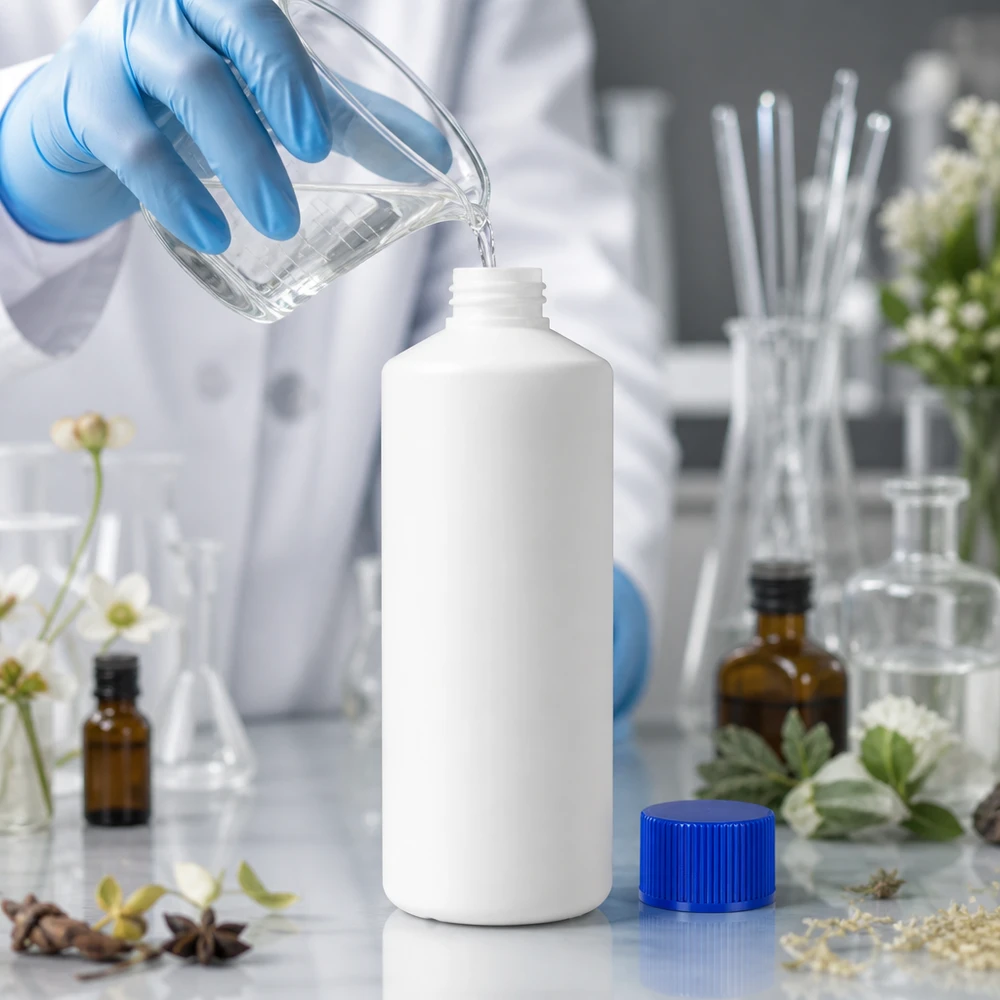 Apoteksflaska HDPE 100ml vit, med blått skruvlock Cylindrisk HDPE-flaska, 100 ml, vit med blå skruvlock, bland laboratorieglasutrustning och växter