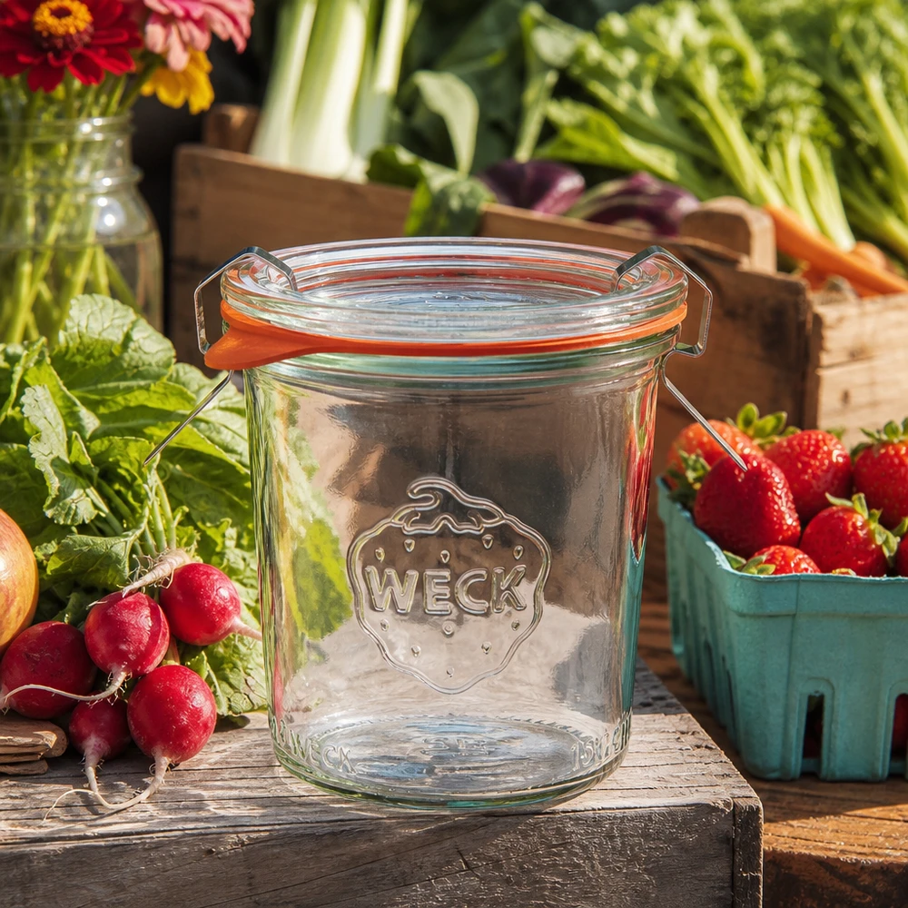 WECK 160 ml-glas RR60 tomma med svängbar topp mellan färska grönsaker och frukt på ett rustikt träbord