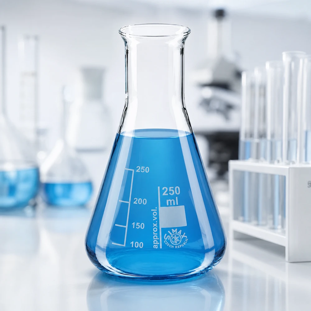 Erlenmeyerkolv 250 ml med smal hals Graderad Erlenmeyerkolv 250 ml av värmebeständigt glas med exakta millilitermarkeringar