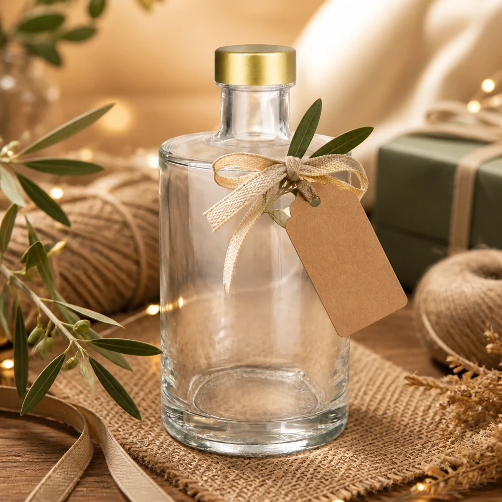 375 ml glasflaska Sam + skruvkork guld UNiTWIST® 375ml Glasflasche Sam leer mit Geschenkanhänger goldener Schraubverschluss UNiTWIST gemütliche Geschenkverpackung