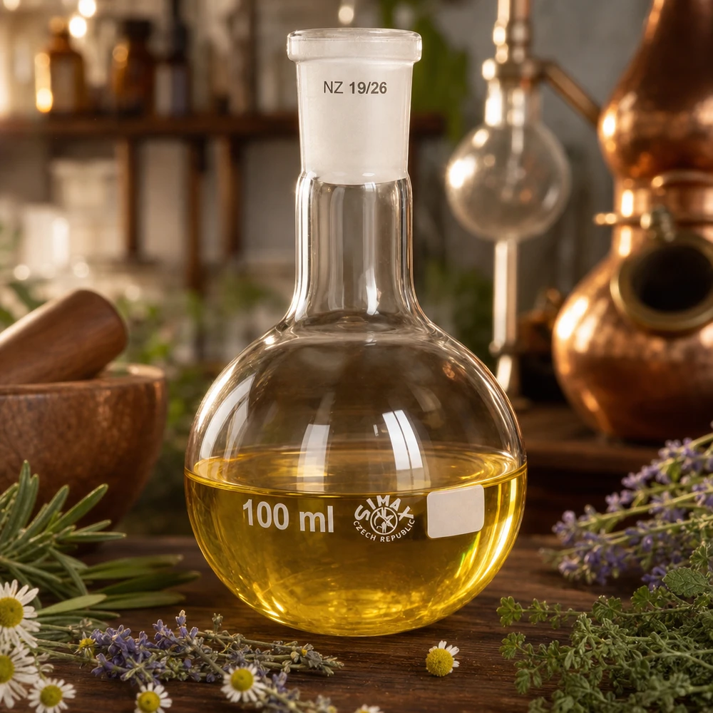 Höftkolv 100ml med standardslipad fog (19/26) Kolv med gul lösning 100ml volym - högkvalitativt laboratorieglas med 19/26 standard slipad fog