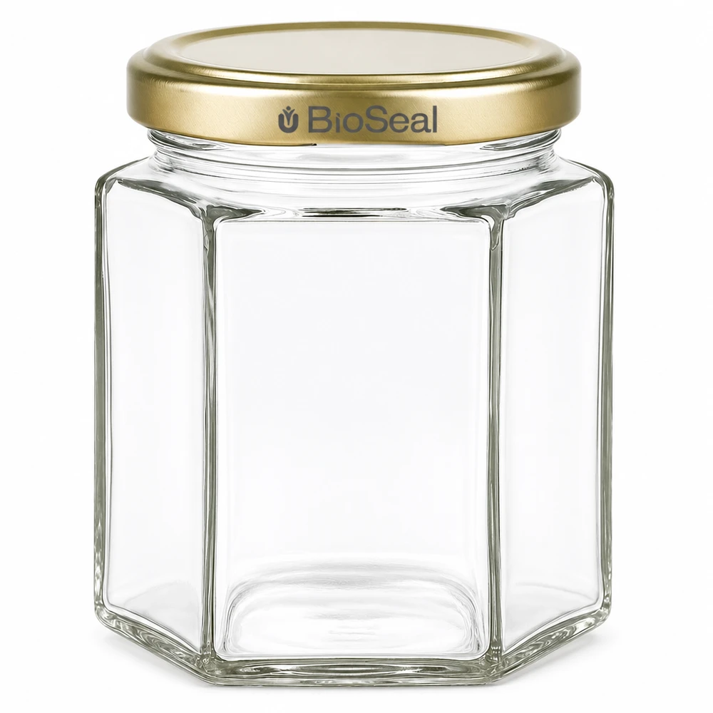 250 g honungsburk sexkantig med gyllene BioSeal-skruvlock tom transparent glasburk för honung