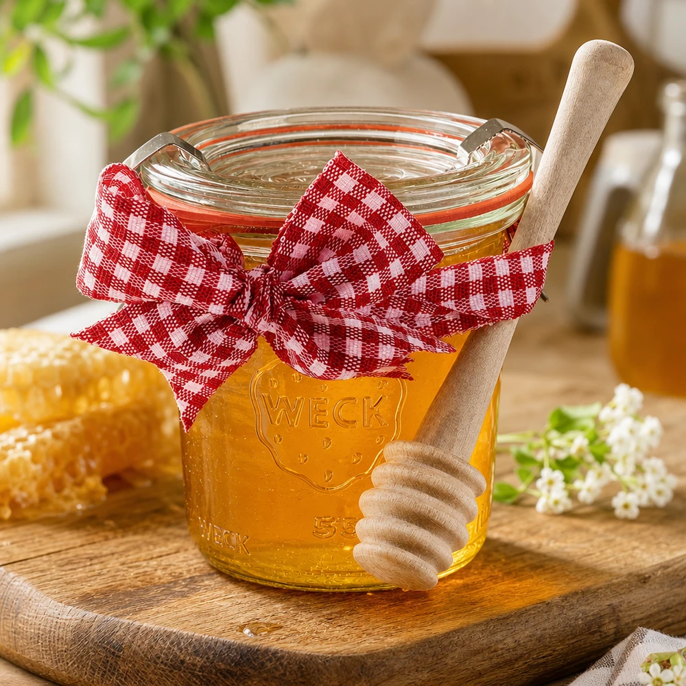 WECK miniburk 140 ml fylld med honung röd Vichy check rosett honungssked i trä honungskaka honungskaka lantlig stil