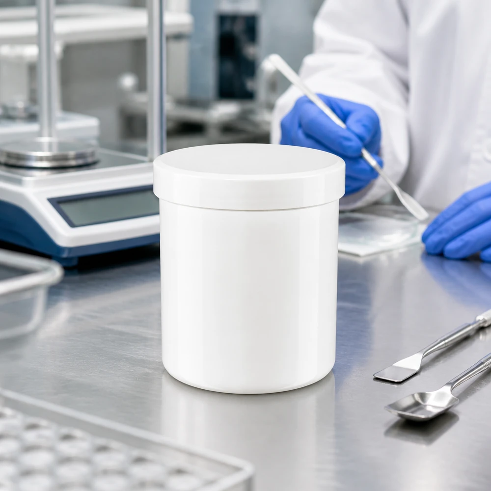 Vit PP-salvburk på 10 g med skruvlock bredvid laboratorievågen och spateln