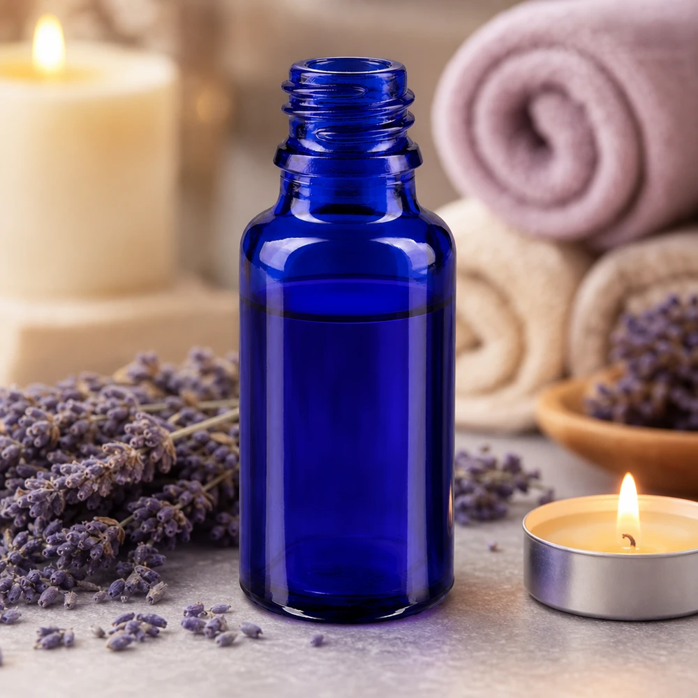 Blå glasflaska 20ml ApoGlas med gängad hals för eteriska oljor och aromaterapi
