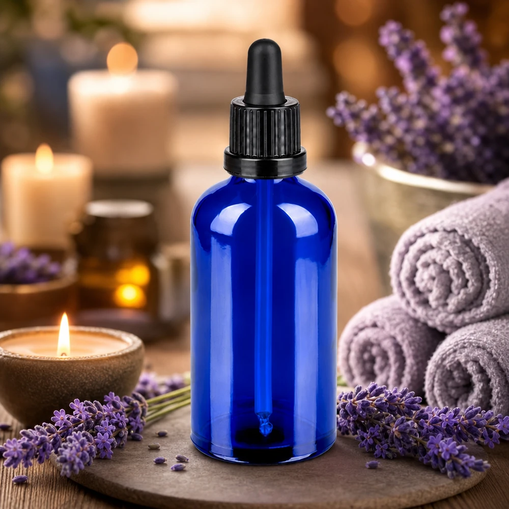 100 ml pipettflaska svart med säkerhetsförslutning BlueLine UT18/100 100 ml pipettflaska med svart lock och droppare för eteriska oljor och aromaterapi