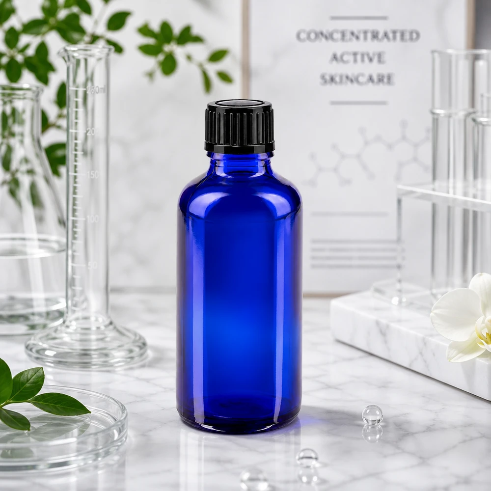 Apoteksflaska blå 50ml skruvkork svart standard Blå 50 ml apotekarflaska med svart droppkork i laboratoriemiljö med glaskolv