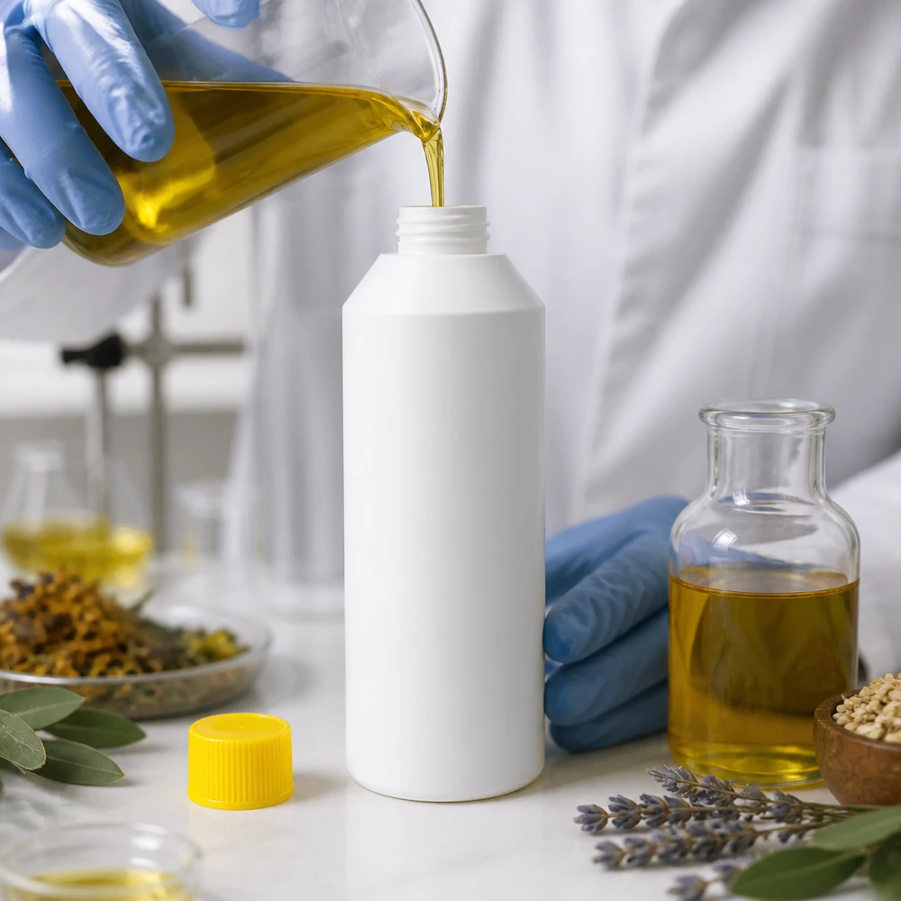 Cylindrisk vit plastflaska på 250 ml med gul kork, blandad med örter och oljor