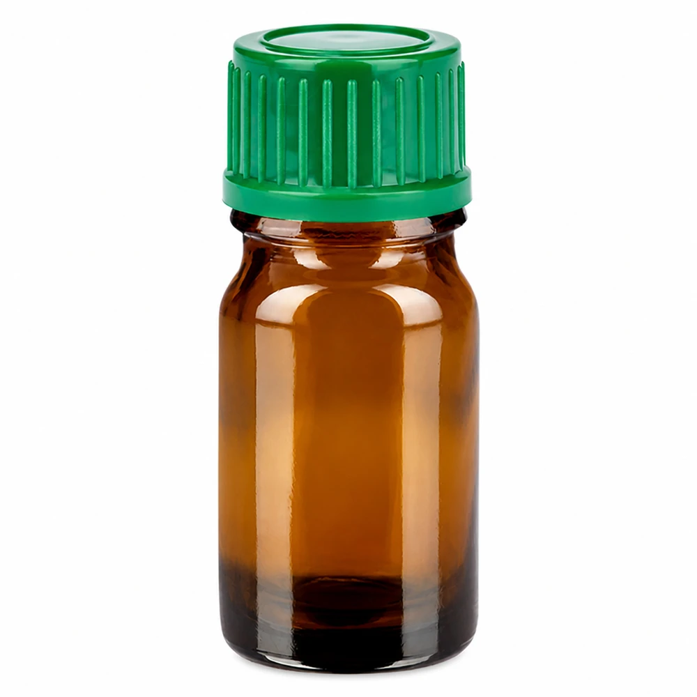 5 ml bärnstensfärgad glasflaska med grönt skruvlock för eteriska oljor och läkemedel