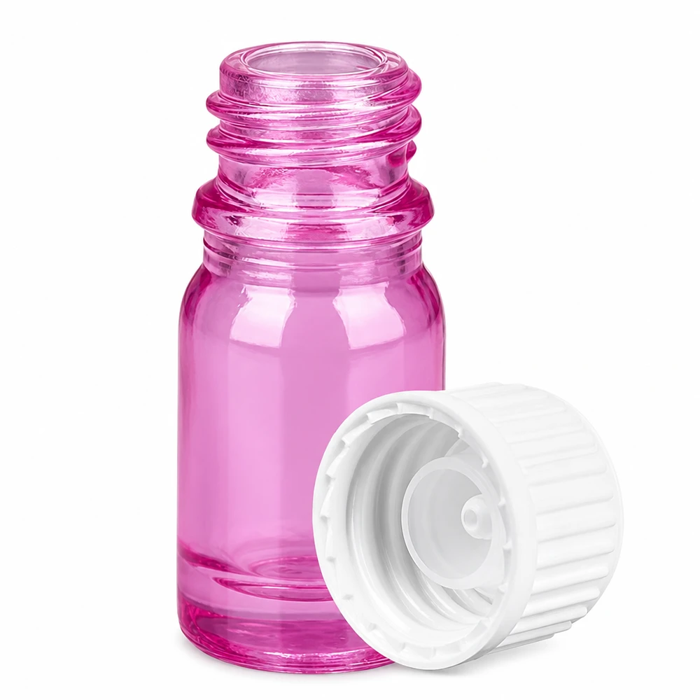 5ml (globule) flaska 3mm hällring vit standard PurpleLine UT18/5 Liten 5ml glasflaska rosa-rosa med tråd och vitt lock för aromaterapi och parfym