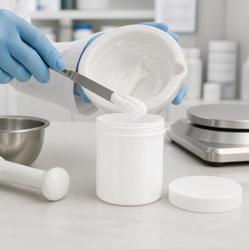 Salvburk 100g vit med vitt skruvlock (polypropylen) Salvburk för apotek, 100 g, vit, tillverkad av PP, med säker skruvlock