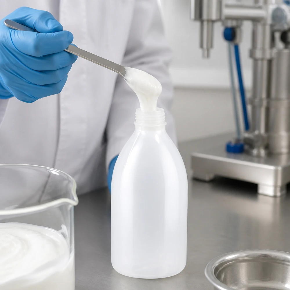 1000ml laboratorieflaska med smal hals utan lock Laboratorieflaska, 1000 ml, smal hals, utan lock, vid påfyllning med en vit, krämig substans