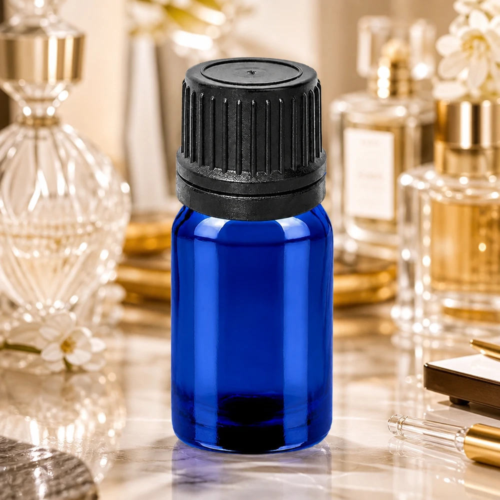 5ml Droppflaska 1mm svart med säkerhetsförslutning BlueLine UT18/5 Liten 5 ml droppflaska av blått glas med svart skruvlock för kosmetika och aromaterapi