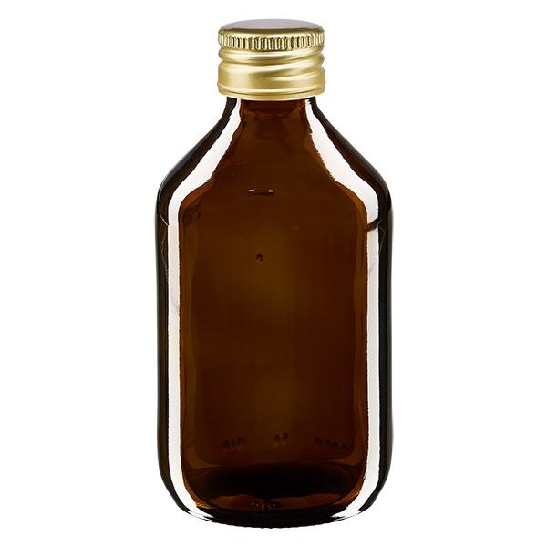 250 ml medicinflaska brun, med guldfärgat aluminiumlock ApoGlas 250 ml medicinflaska brun, med guldfärgat aluminiumlock ApoGlas