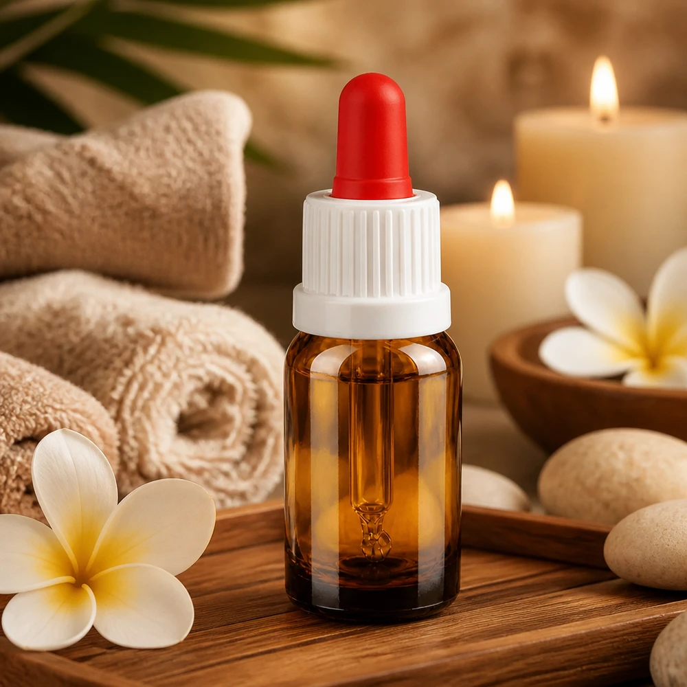 Liten 10 ml pipettflaska i brunt glas, idealisk för kosmetika och aromaterapi