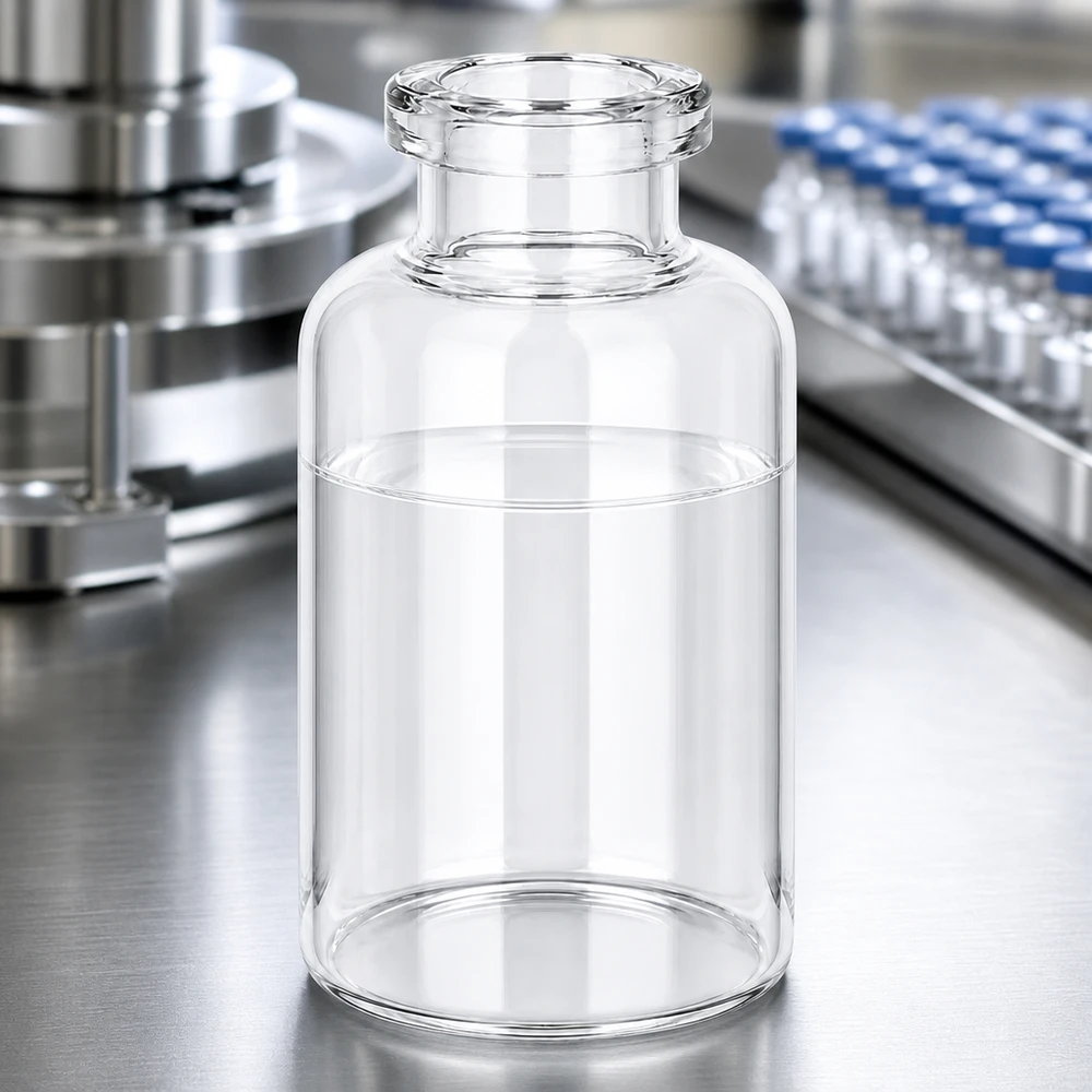 Injektionsflaska klarglas 30ml Medizinische Injektionsflasche Klarglas 30ml neben befüllten Blaukapsel-Vials in Produktionsanlage