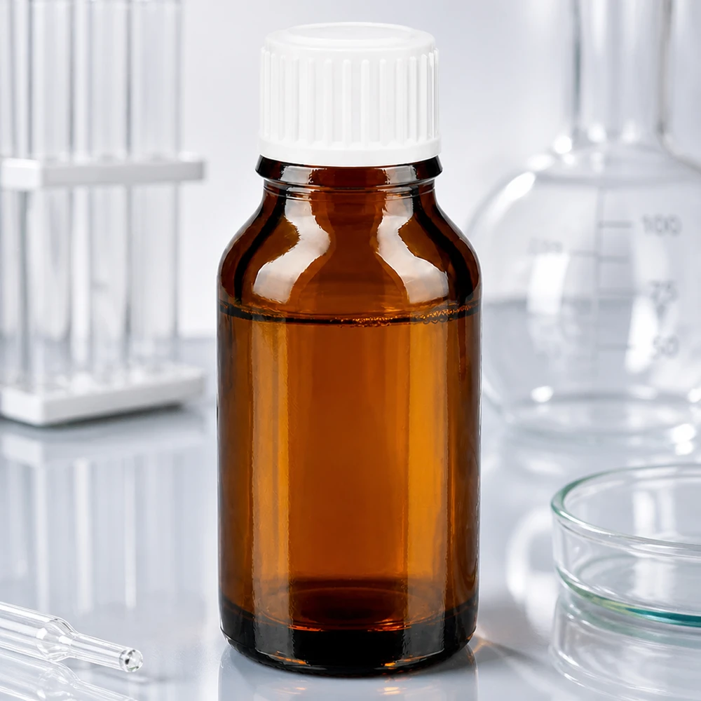 Liten brun medicinflaska på 30 ml med vit standardkork i laboratoriemiljö