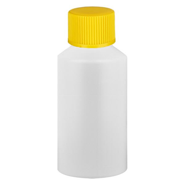 Apoteksflaska HDPE 50ml vit, med gult skruvlock Apoteksflaska HDPE 50ml vit, med gult skruvlock