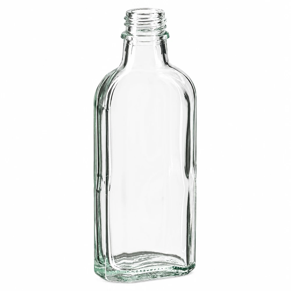 100 ml Meplat-flaska klar DIN22 100 ml genomskinlig glasflaska med platt botten och DIN22-gänga för vätskor