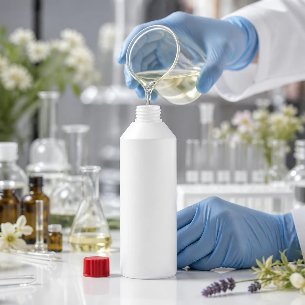 Apoteksflaska HDPE 250ml vit, med rött skruvlock Vit apoteksflaska av HDPE, 250 ml, med rött SV-märke fylls med vätska från ett glasbägare