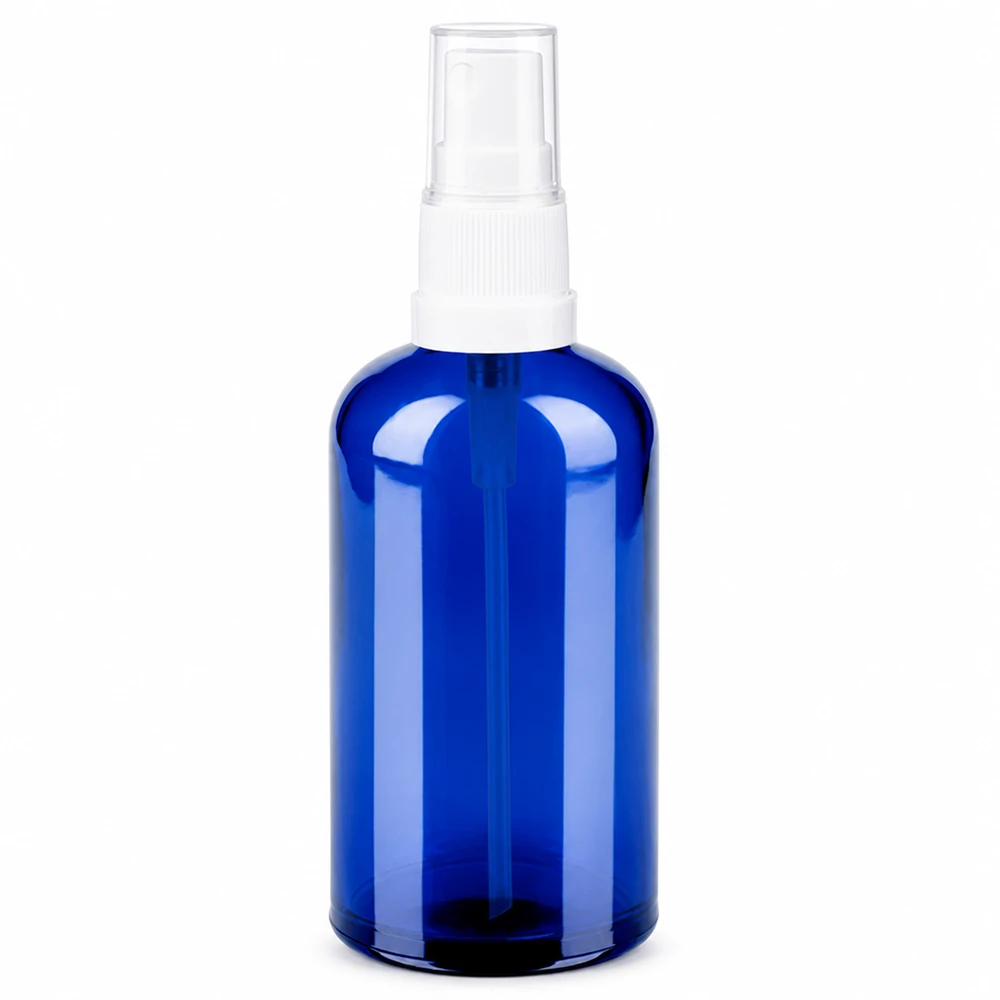 100 ml blå glasflaska med vitt sprayhuvud för kosmetika och aromaterapi