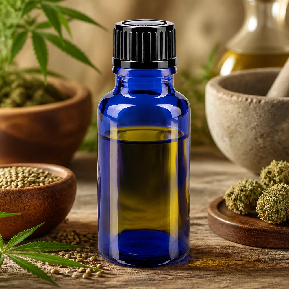Apoteksflaska blå 20ml droppflaska 1mm svart standard Blå 20 ml apoteksglasflaska med 1 mm droppöppning och svart lock för CBD-olja