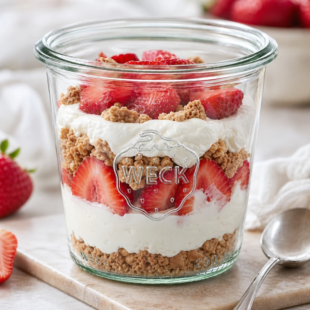 290 ml högt burkglas WECK RR80 WECK 290 ml glas RR80 fyllda med jordgubbsdessert skiktad dessert yoghurt kex konserveringsburk hög