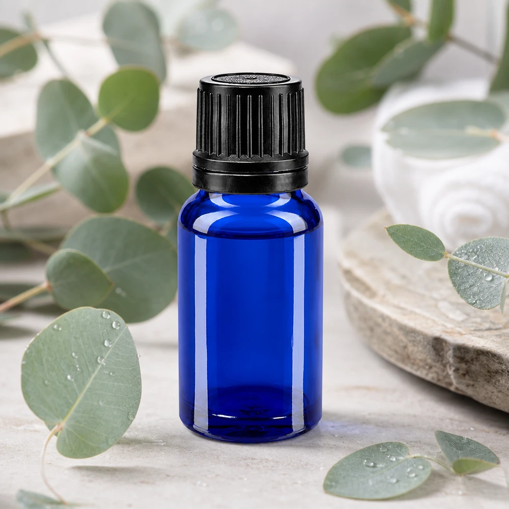 Apoteksflaska blå 10ml dropplock hällring 1mm svart manipuleringssäkert lock Koboltblå 10 ml-flaska med svart skruvlock och 1 mm droppinsats för eteriska oljor