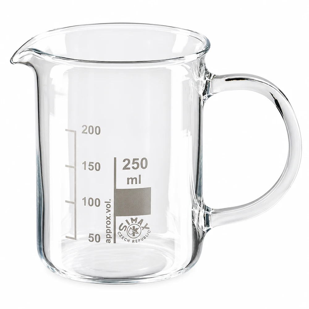 250 ml bägare av borosilikatglas med handtag och milliliterskala på vit bakgrund