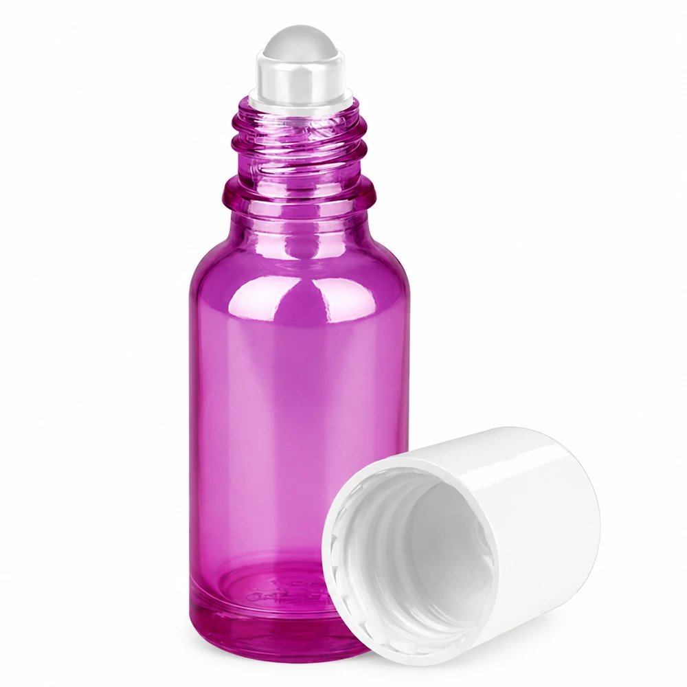 Lila 20 ml roll-on-glasflaska med metallkulapplikator för exakt applicering av oljor