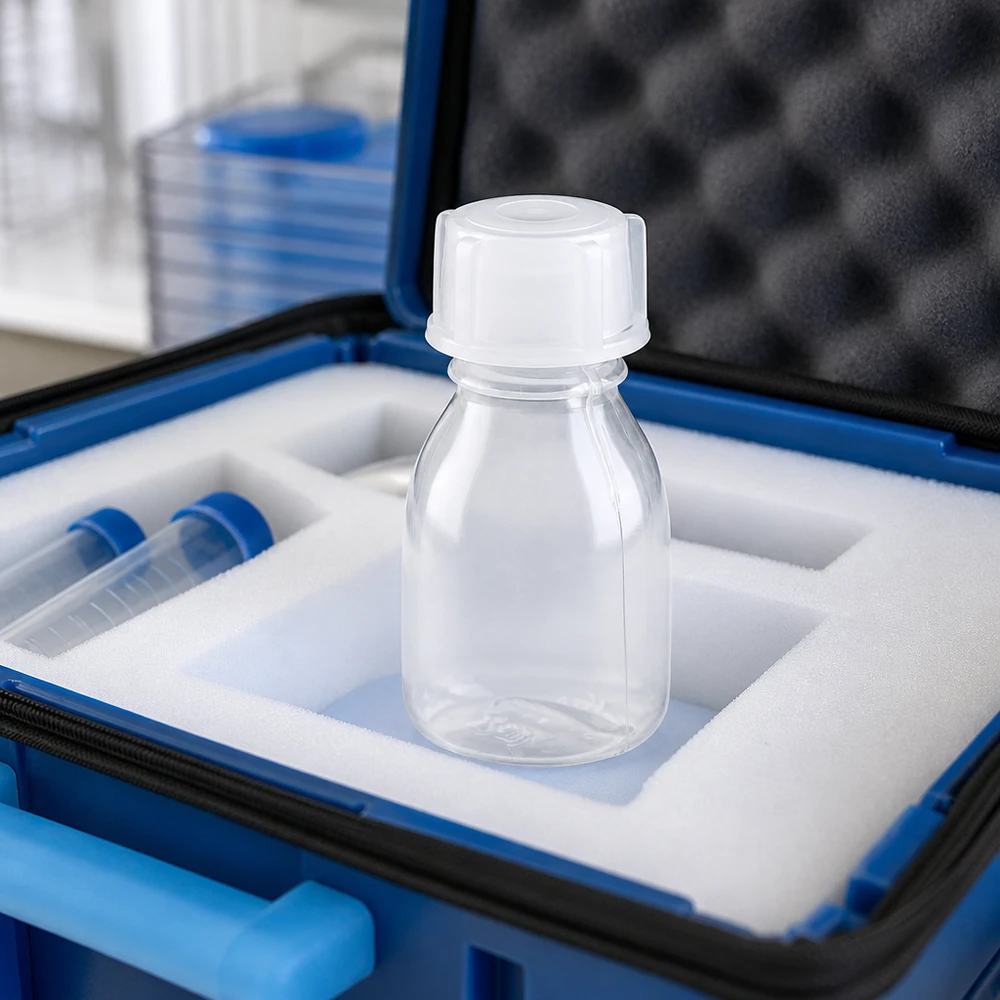 10ml skruvflaska, laboratorieflaska med smal hals 10 ml skruvflaska med smal hals i en blå transportväska med skumgummifoder för säker frakt