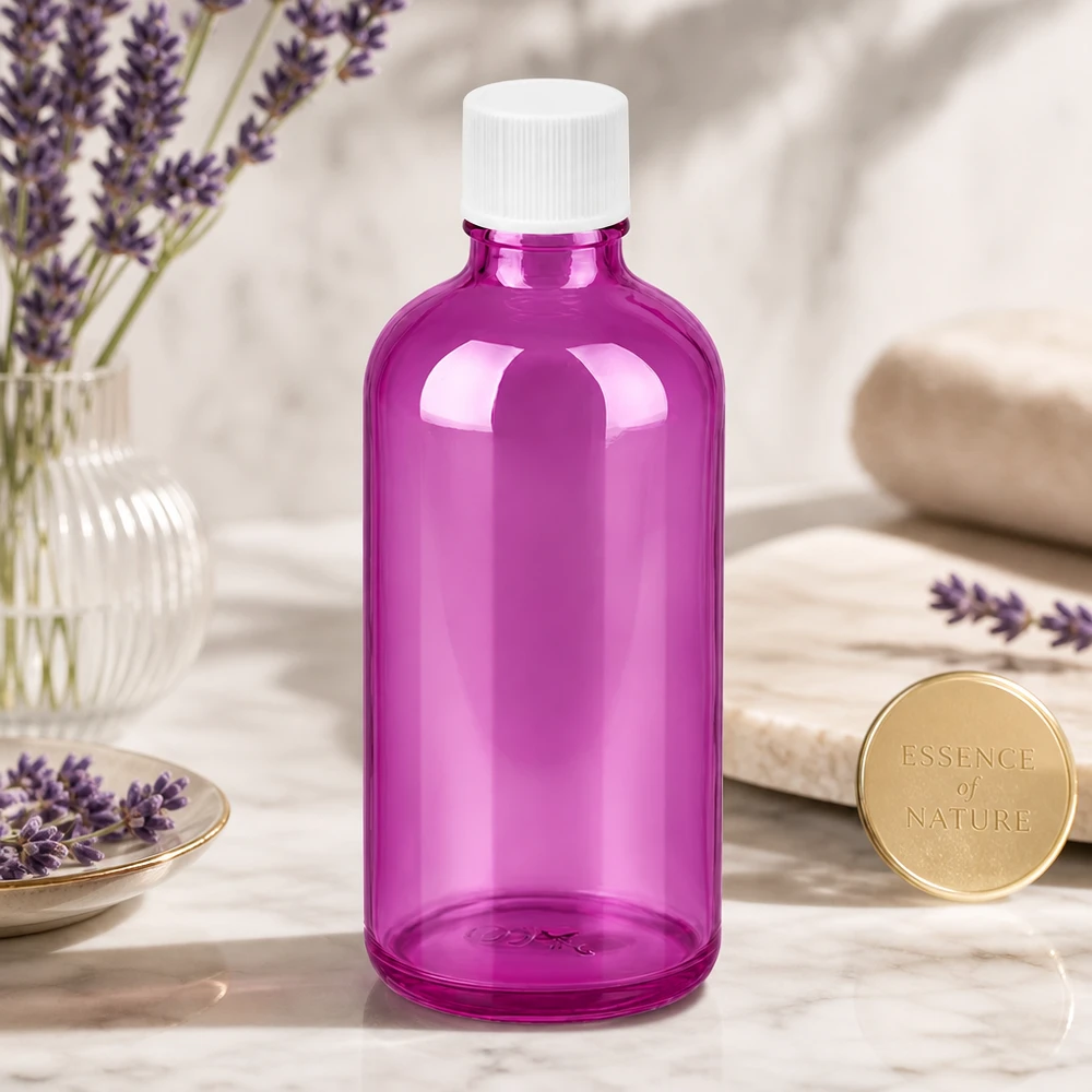 100ml flaska 11mm skruvkork vit standard PurpleLine UT18/100 100 ml-flaska av hög kvalitet i en trendig lila design med ett praktiskt vitt skruvlock