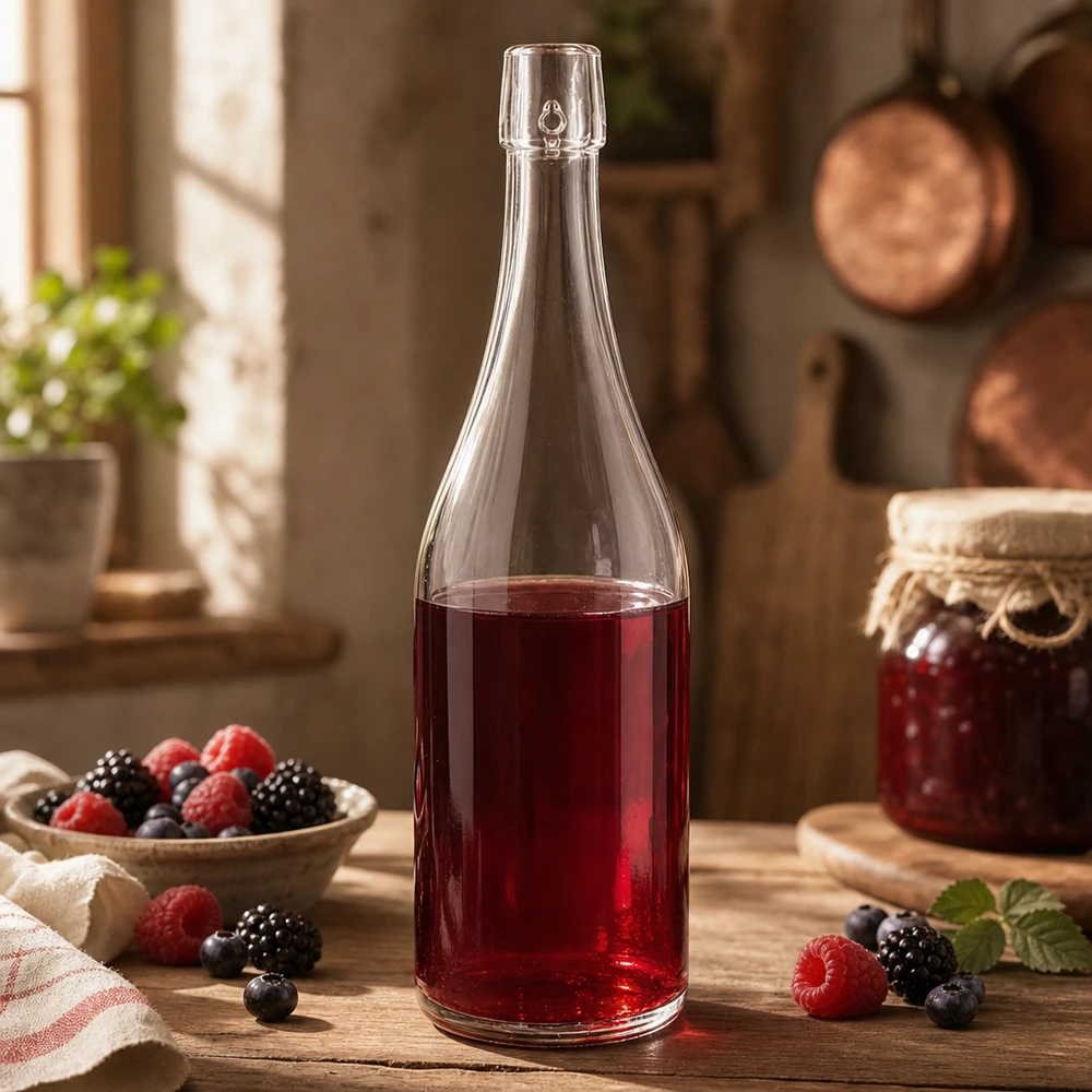 750ml glasflaska utan svängbar topp UNiTWIST 750ml UNiTWIST glasflaska fylld med bärjuice rustikt kök blåbär hallon björnbär Applicering