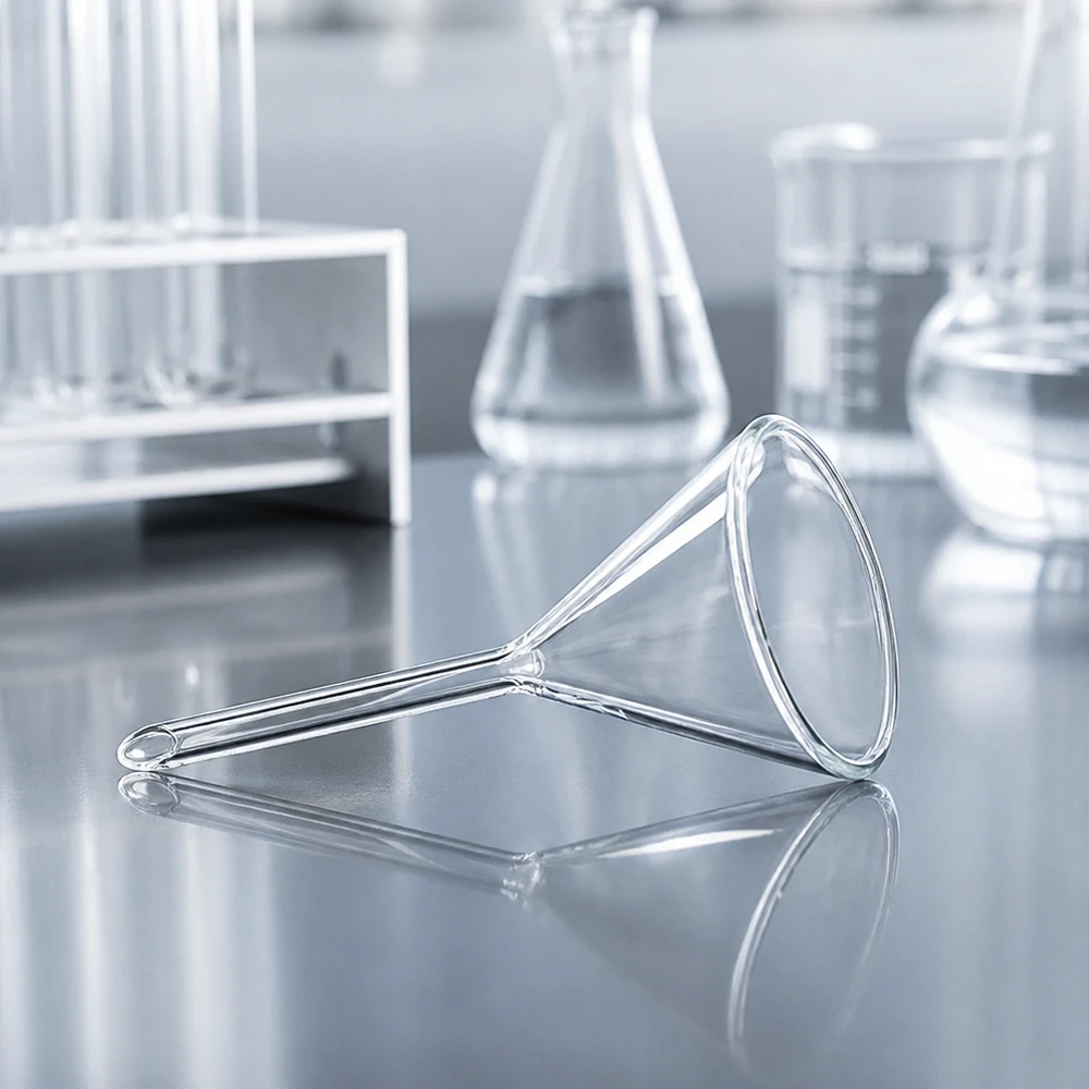 Tratt ø35mm borosilikat vinkel 60 kort stil Transparent laboratorietratt av högkvalitativt borosilikatglas med 35 mm diameter för professionellt laboratoriearbete