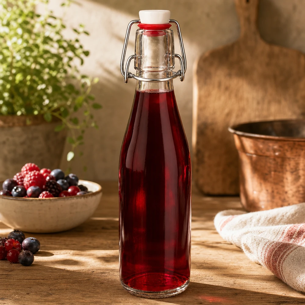 250ml glasflaska + svängbar topp porslin UNiTWIST 250ml Glasflasche mit Bügelverschluss gefüllt mit rotem Beerensaft, dekoriert mit frischen Beeren in rustikaler Küche