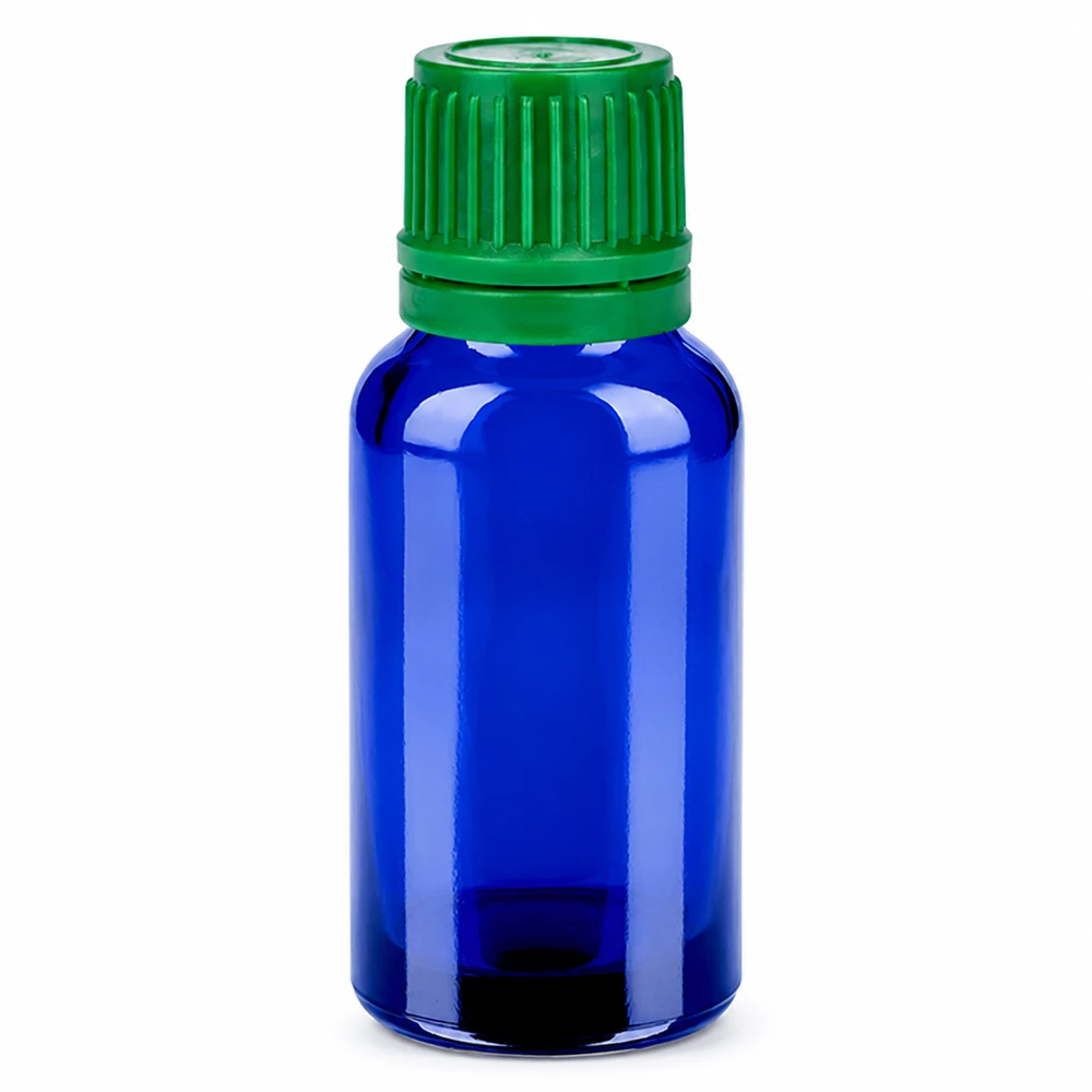 20 ml blå glasflaska med grönt skruvlock för eteriska oljor och kosmetika
