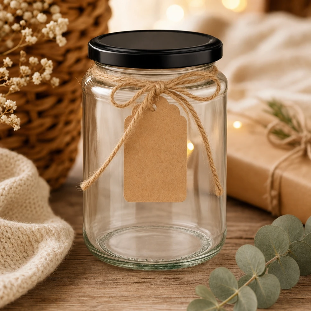 Rund glasburk 382 ml med lock BasicSeal svart UNiTWIST 382ml Rundglas BasicSeal schwarz dekorativ inszeniert mit Kraftpapier-Anhänger rustikale Deko Geschenkverpackung