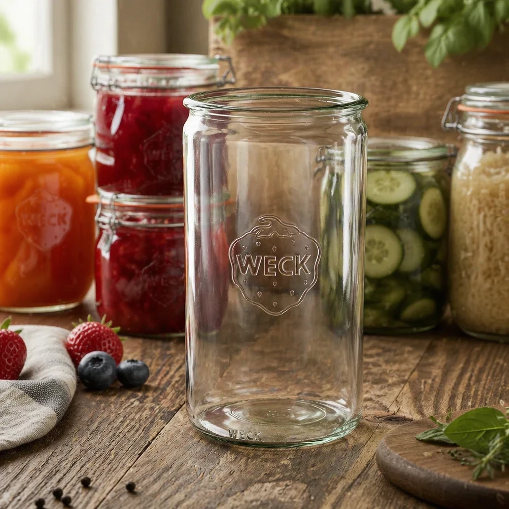 WECK RR100 cylinderburk 1590ml transparent på träbord med syltburkar och konserver i bakgrunden