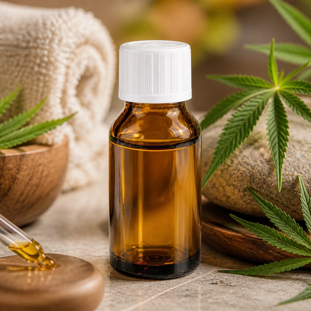 Apoteksflaska brun 30ml dropplock vit barnsäker standard CBD-olja i en bärnstensfärgad droppflaska på 30 ml med vitt barnsäkert lock och cannabisblad