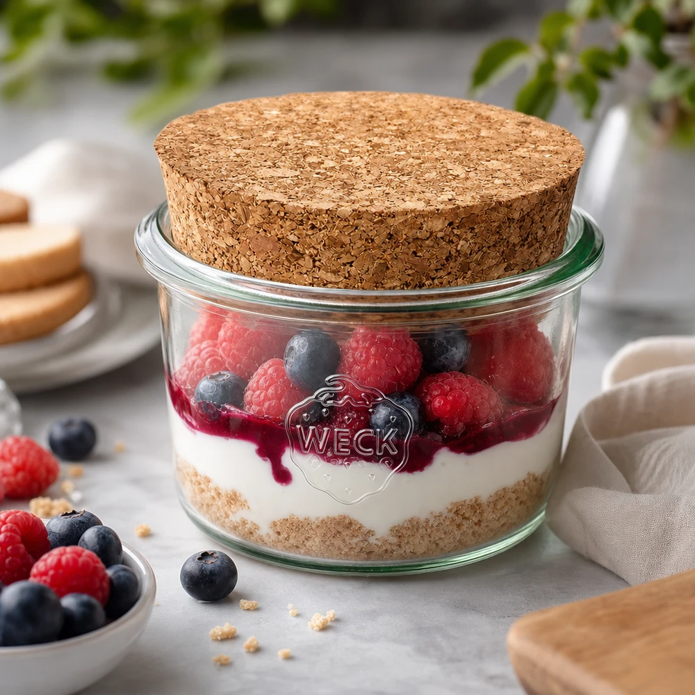 80ml Krossade glasögon WECK RR60 med kork natur WECK tumlare 80ml RR60 med kork som dessertburk för bär tiramisu skiktad dessert perfekt portionerad