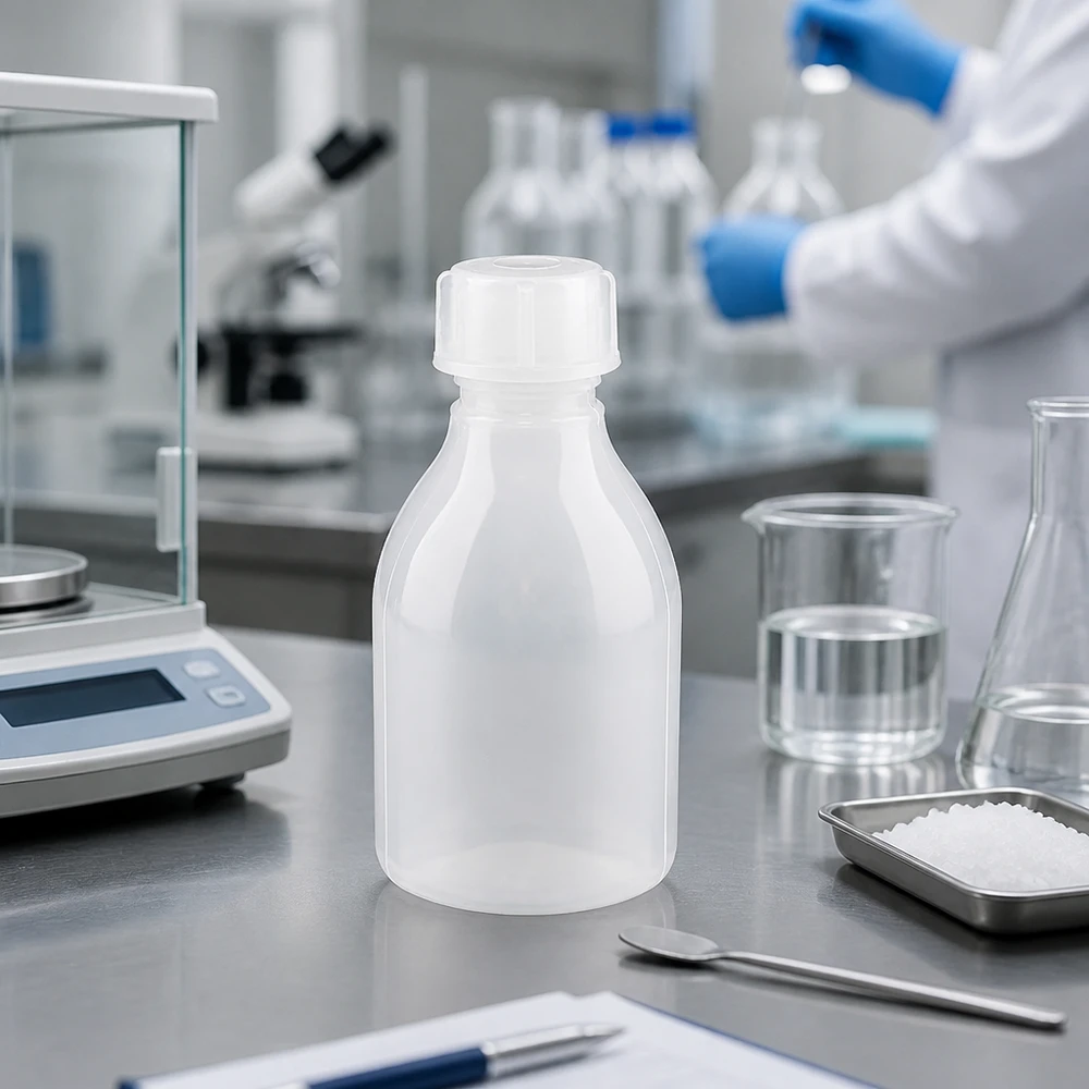 30 ml laboratorieflaska med smal hals av HDPE på en laboratorievåg bredvid ett bägarglas och en Erlenmeyerkolv