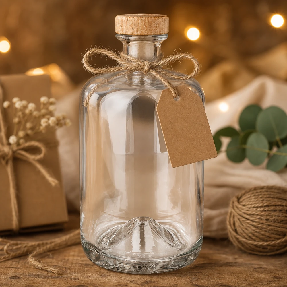 700 ml Sofia glasflaska med korkpropp och presentetikett i rustik dekoration med jute och ljusslingor