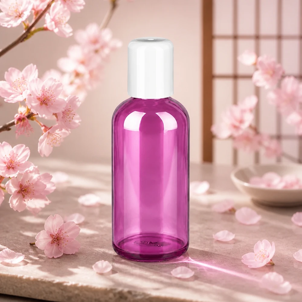 Transparent lila roll-on-flaska 100 ml med vitt lock för enkel dosering av vårdprodukter