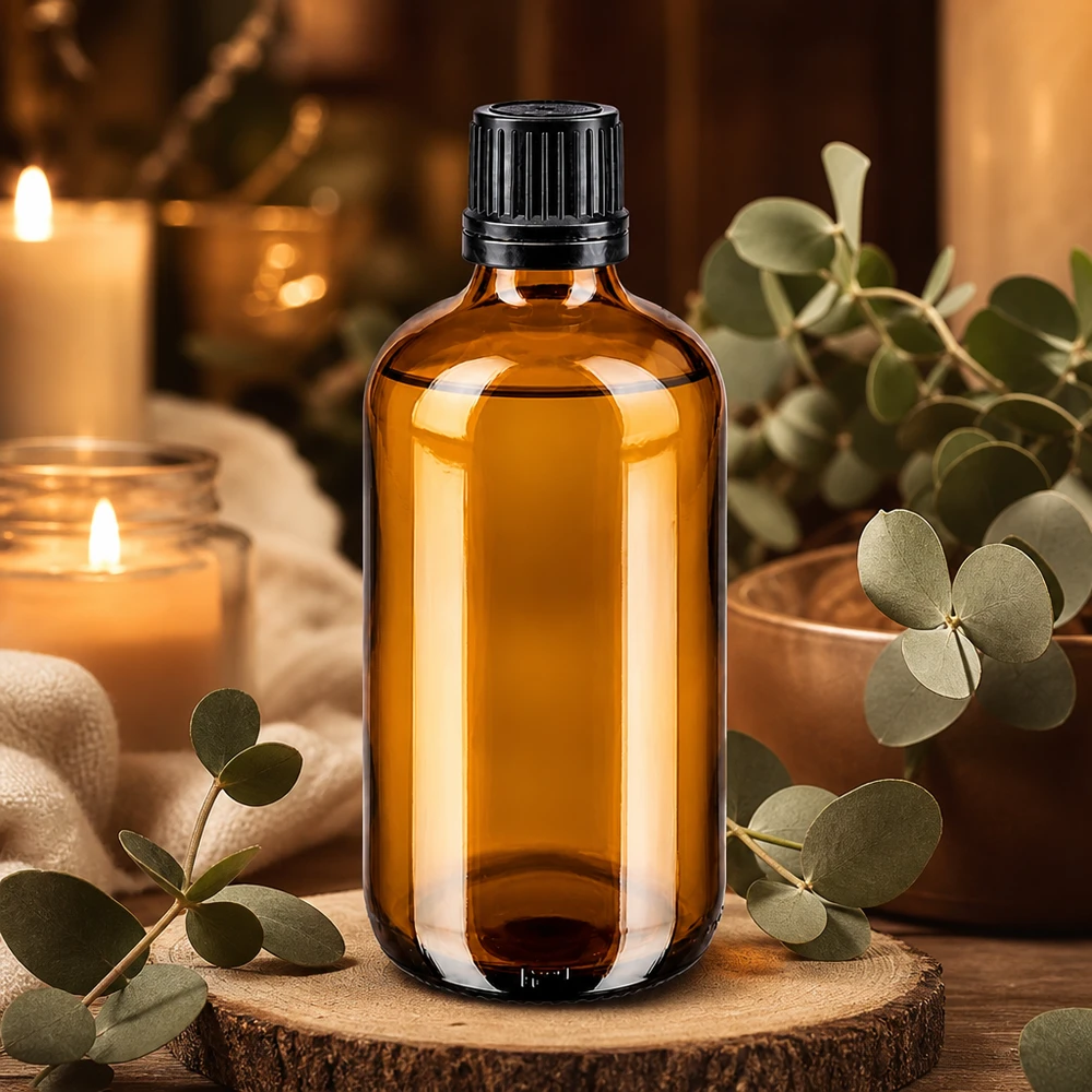 100 ml apoteksglasflaska i bärnstensfärg med barnsäker svart kork