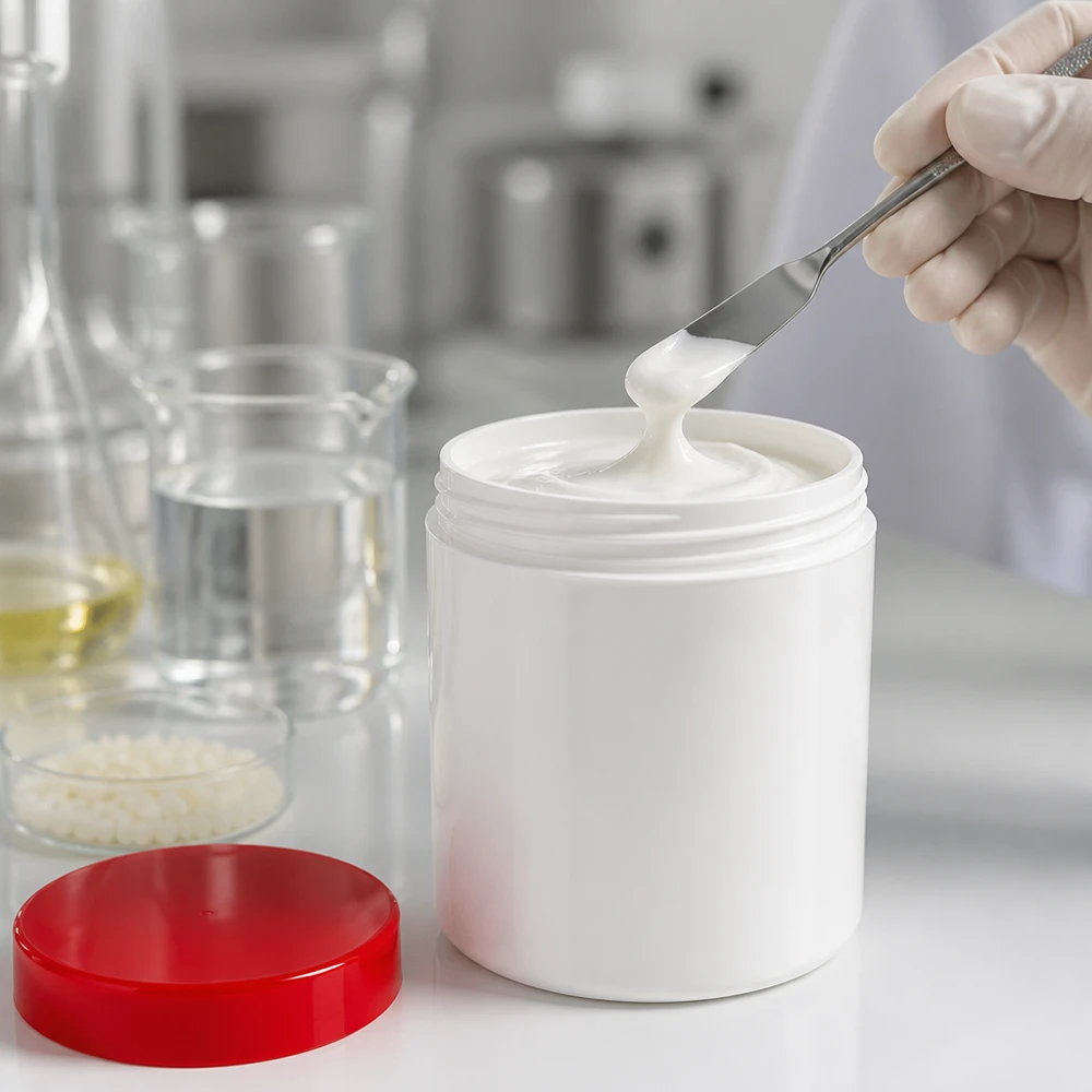 Salvburk 300g vit med rött skruvlock (polypropylen) Salvburk 300 g, vit med rött lock, fylls med vit kräm i laboratoriet